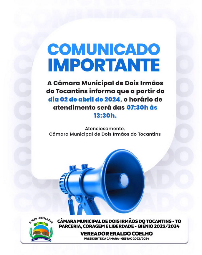 Alteração no horário de atendimento da Câmara Municipal de Dois Irmãos do Tocantins