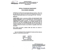Câmara Municipal de Dois Irmãos do Tocantins convoca vereadores para sessões ordinárias em março