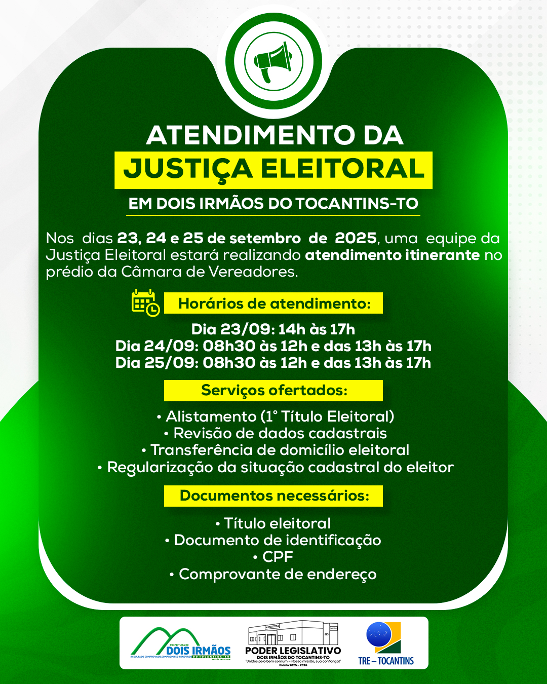 Justiça Eleitoral oferece atendimento na Câmara de Vereadores em setembro
